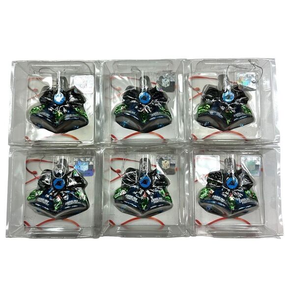 NFL Carolina Panthers Football Bell Glitter Christmas Holiday Ornaments Set of 6 - Picture 1 of 8
